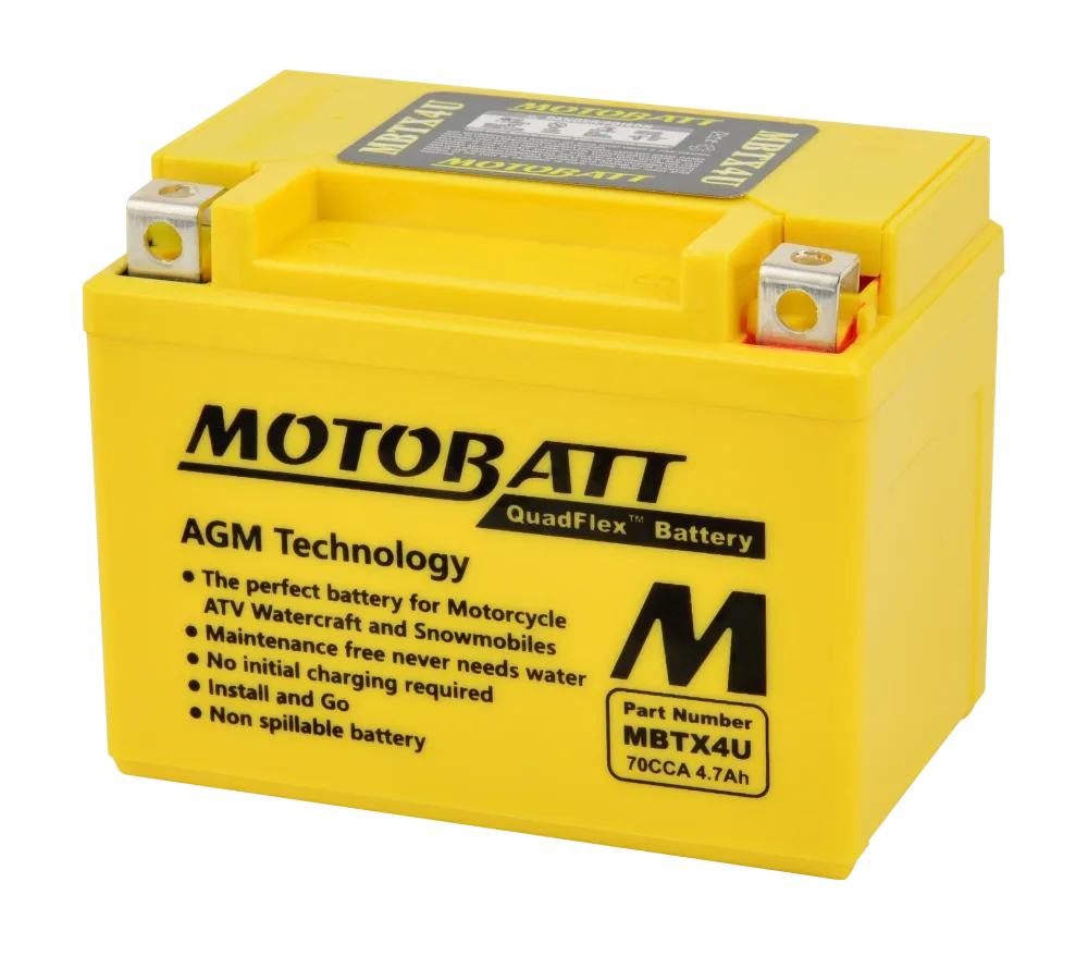 Batería Motobatt MBTX4U AGM 12V 4,7Ah – Hero Hunk 160/190 · Honda Navi · Yamaha Fino · KTM SX-F (YTX4L-BS / YTZ5S)